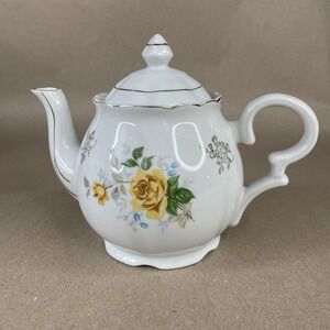 Vintage Yellow Tea Rose Printed Teapot White with Gold Trim 6" Holds 3 Cups